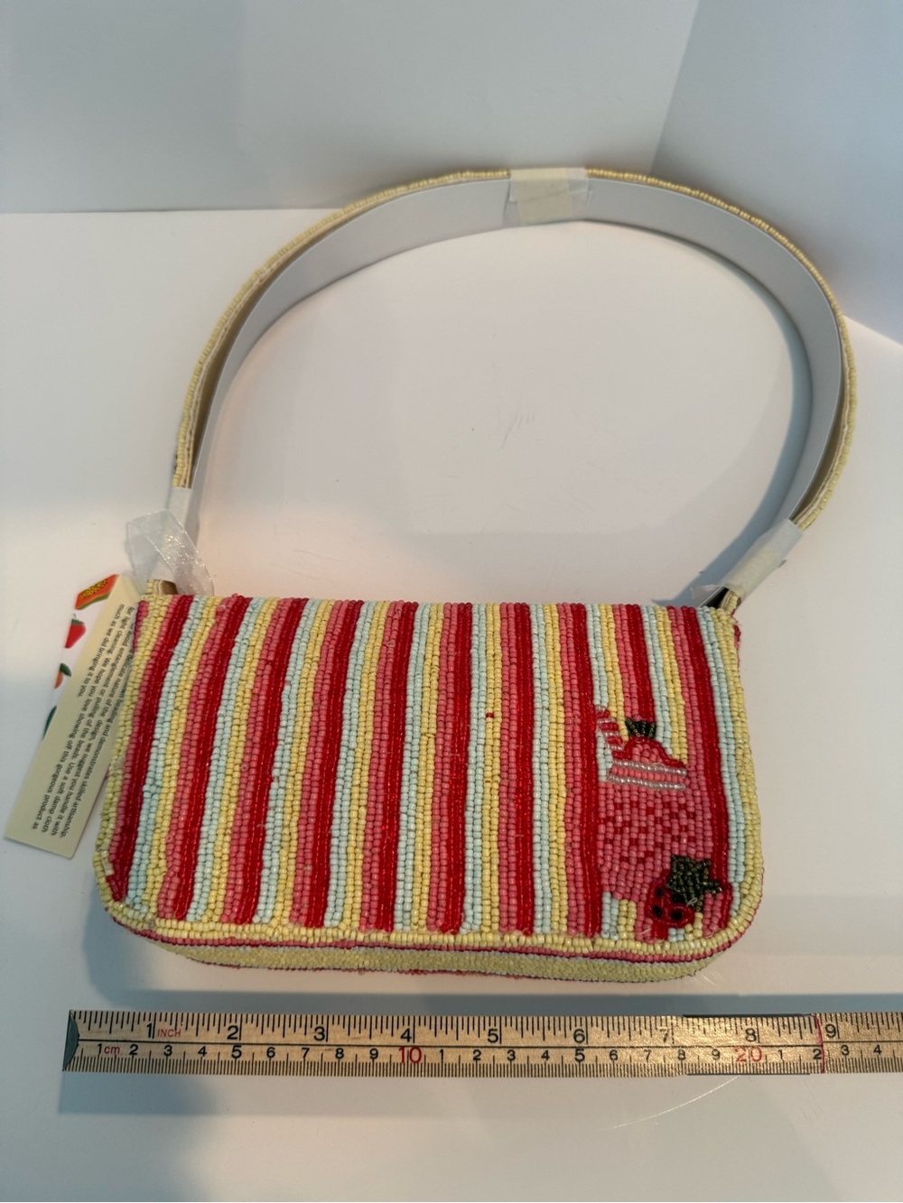 * Beaded Fruit Mosaic Mini Shoulder Bag - Yellow Accents on a Striped Background - Picture 2 of 5